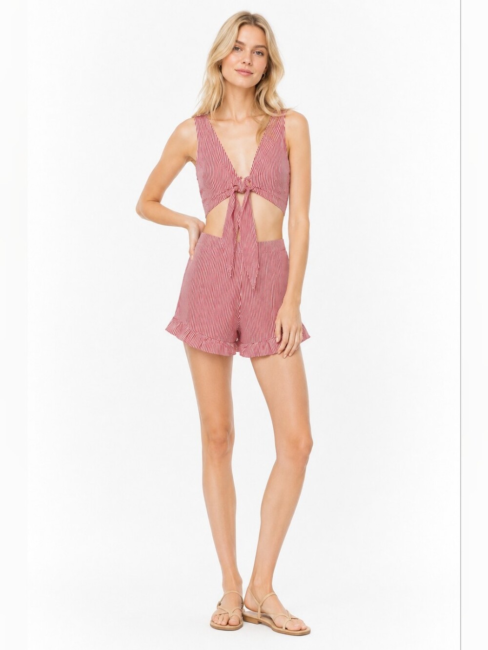 NWT Zara Size M Striped Knot Frill Cutout Short Romper Beach Leisure